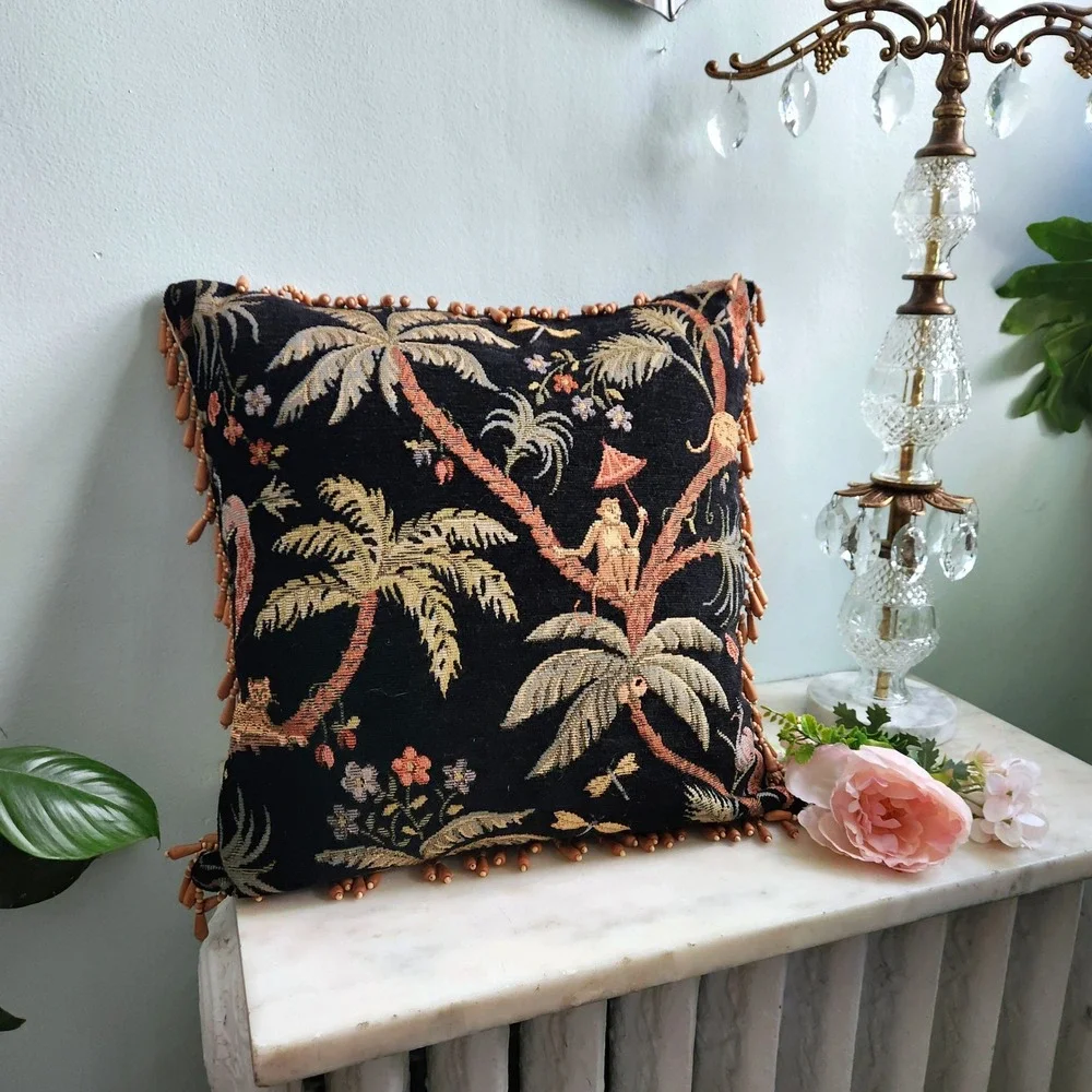 Vintage Tapestry Pillow Decorative Tropical Monkey Palm Tree Beaded Edge Feather